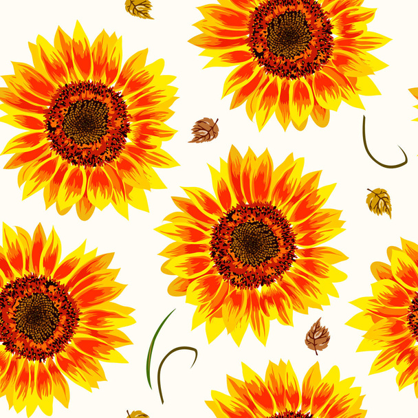 Ilustración vectorial de girasoles amarillos y hojas patrón sin costura
 - Vector, Imagen