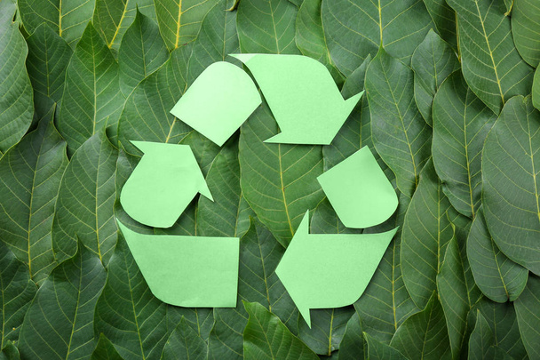 Symbol of recycling on green leaves - Fotografie, Obrázek
