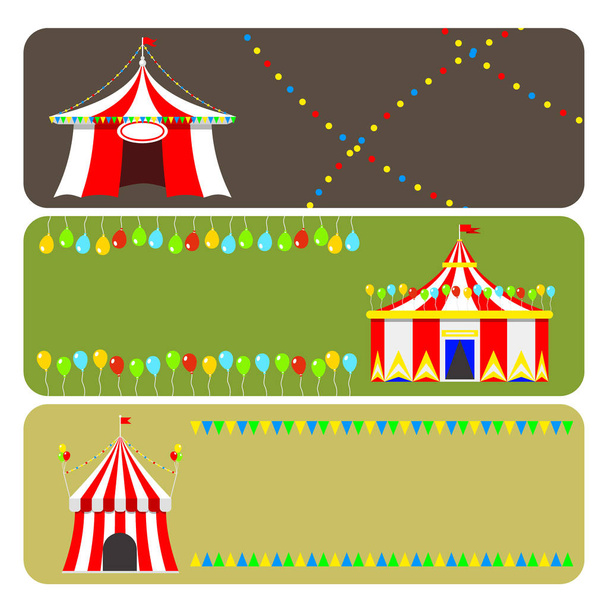 Circo spettacolo tenda spettacolo tenda tendone brochure card festival all'aperto con strisce e bandiere carnevale
 - Vettoriali, immagini