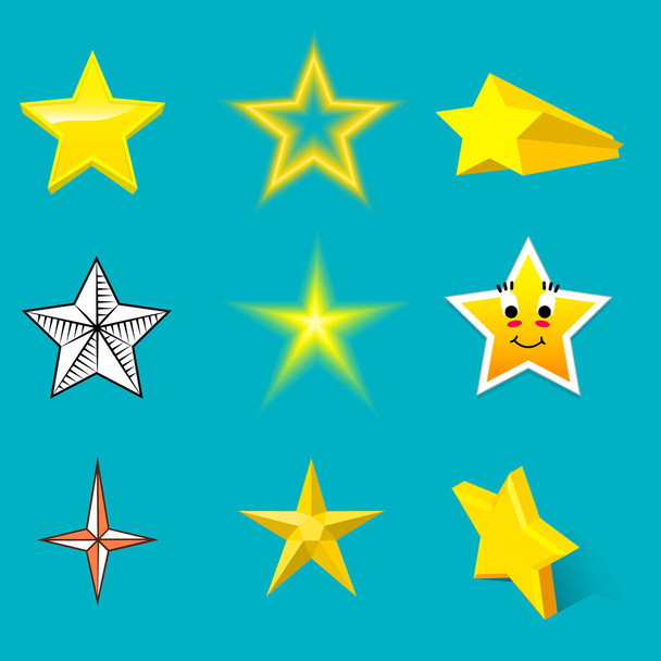 Forma de estilo diferente silhueta estrela brilhante ícones coleção vetor ilustração no fundo azul
 - Vetor, Imagem