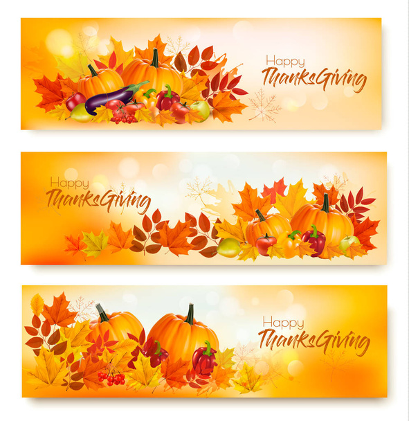 Set of Happy Thanksgiving banners with autumn vegetables and col - Vector, Image