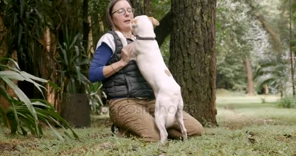Podekscytowany pies twarz jej szczęśliwym posiadaczem kobiet Lizanie - Materiał filmowy, wideo