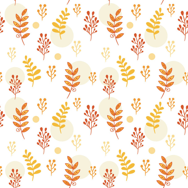 Leaves and herbs seamless vector pattern. Sweet botanic background in colors of red and orange - Vetor, Imagem