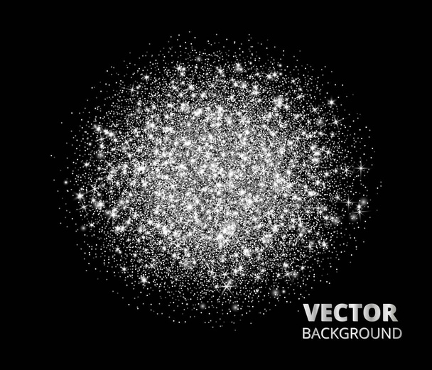 Festive silver sparkle background, glitter circle. Vector dust, diamonds, snow on black. - Vektor, obrázek