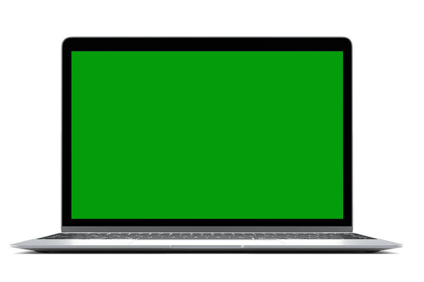 Moderne computer laptop geïsoleerd op een witte achtergrond voor mockup groene scherm met cliping pad, 3D-rendering - Foto, afbeelding