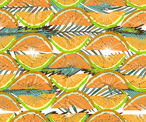 Vector tropical pattern. Fresh ripe lime and orange, palm leaves - Vector, Imagen