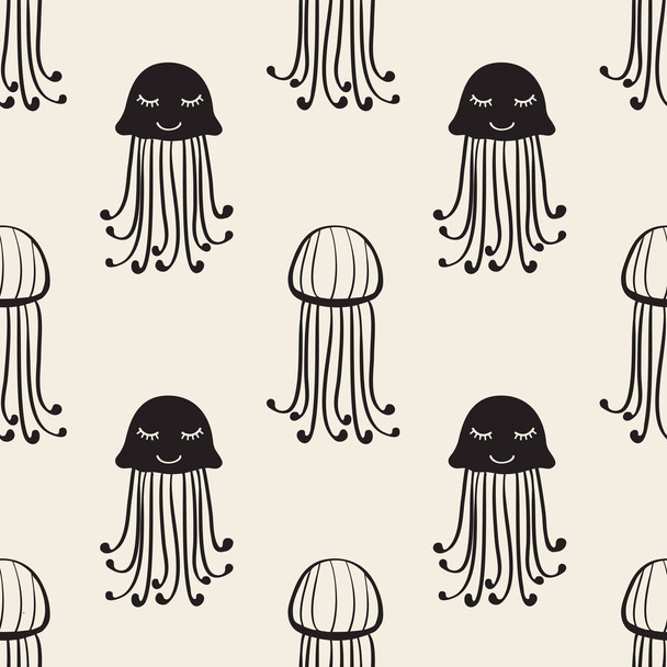seamless monochrome hand draw jelly fish pattern background - Vector, Image