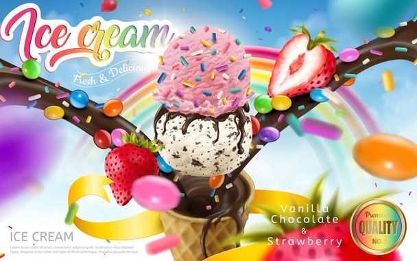Colorful ice cream cone ads - Vector, imagen