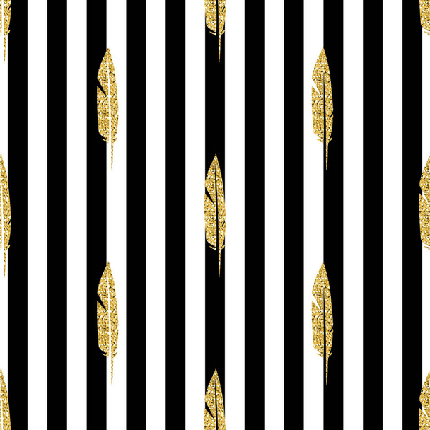  seamless gold glitter feather pattern on stripe background - Vector, Image