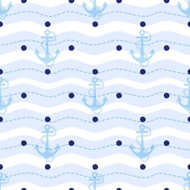 naadloze blauwe anker met blauwe glitter patroon achtergrond - Vector, afbeelding