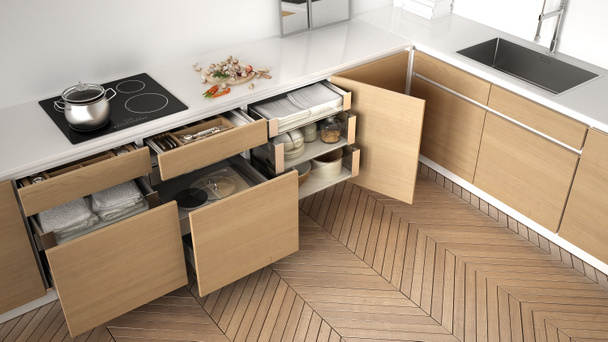 Μοντέρνα κουζίνα κάτοψη, ανοίγει ξύλινα συρτάρια με αξεσουάρ  - Φωτογραφία, εικόνα