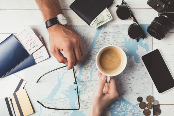 Couple planning travel with map - Photo, Image