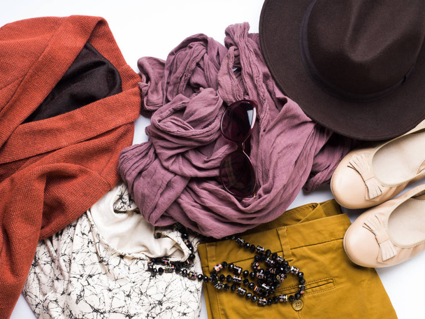 Flat lay with womans autumn clothes, glasses hat - Photo, Image