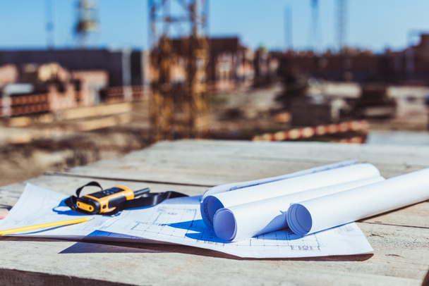 Construction plans and portable radio - Photo, Image