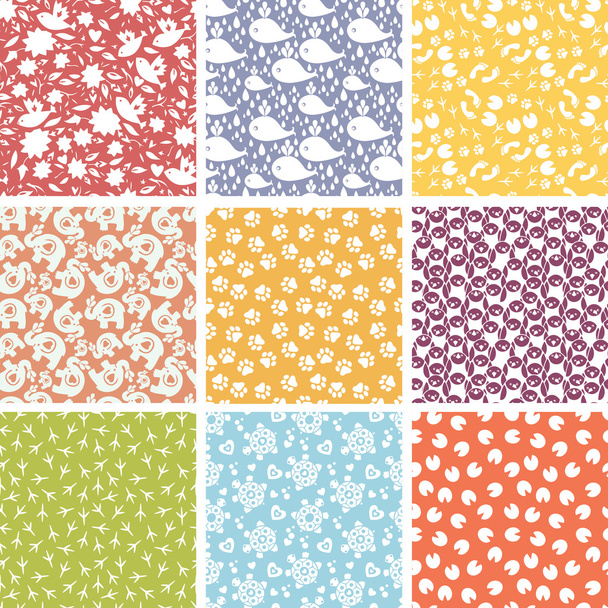 Set of nine cute elements seamless patterns backgrounds - Vettoriali, immagini
