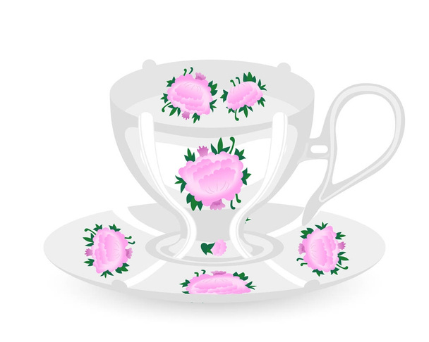 White ceramic cup with saucer. Cup for tea. Vector - Vektör, Görsel