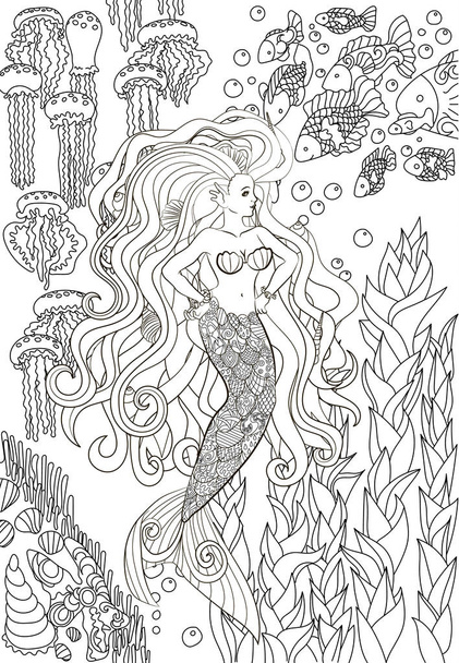 Patterned illustration of a mermaid. - Vector, Image