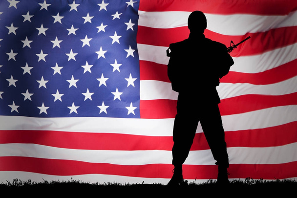 Soldier Against Us Flag Background - Photo, Image