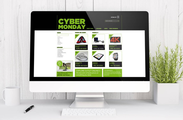 desktop computer with cyber monday sale website on screen,  3d rendering - Zdjęcie, obraz