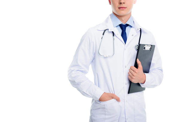 doctor with stethoscope and diagnosis - Foto, afbeelding