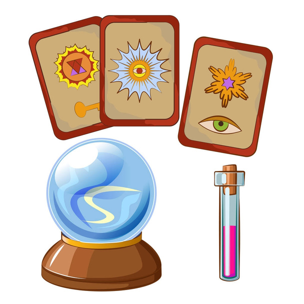 魔法アイコンを設定: 魔法の水晶玉、カード、ポーション。漫画のスタイル. - ベクター画像