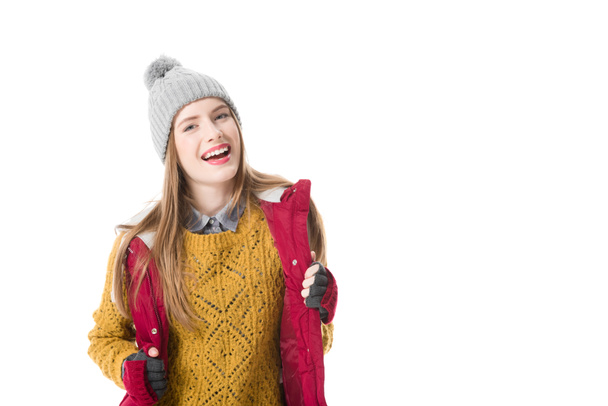 cheerful woman in winter clothes - Fotoğraf, Görsel