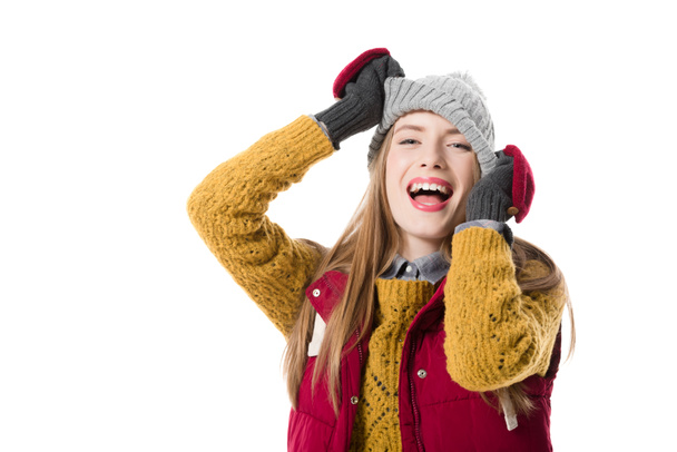 cheerful woman in winter clothes - Фото, изображение