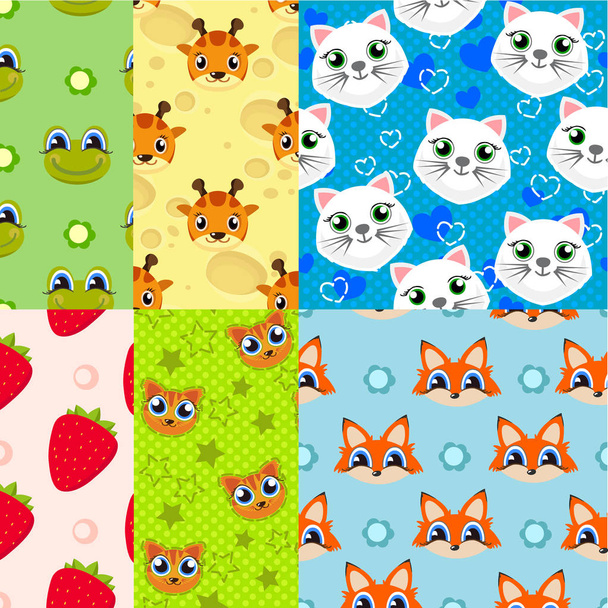 Six cheerful seamless childrens prints. Funny animals. - Vector, Image