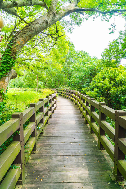 wood walkway in garden at Cheonjeyeon Falls , Jeju Island - Фото, изображение