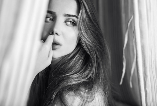 Elegant young beauty woman close-up black-white portrait. - Фото, изображение