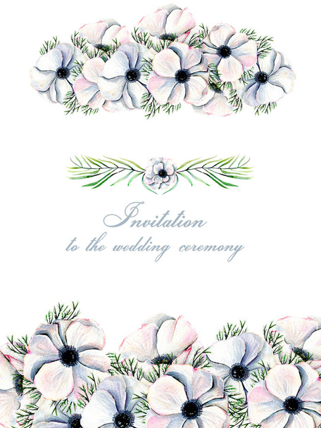 Floral σχέδιο κάρτα με ακουαρέλα λευκές ανεμώνες - Φωτογραφία, εικόνα