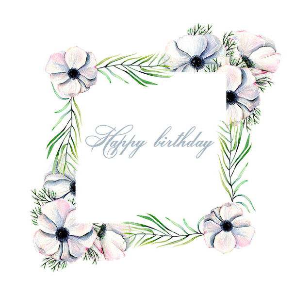 Floral frame with watercolor white anemones and green exotic leaves - Photo, Image