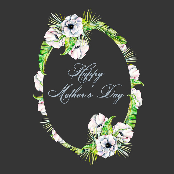 Floral οβάλ κορνίζα με ακουαρέλα λευκές ανεμώνες και φύλλα πράσινα φοίνικα - Φωτογραφία, εικόνα