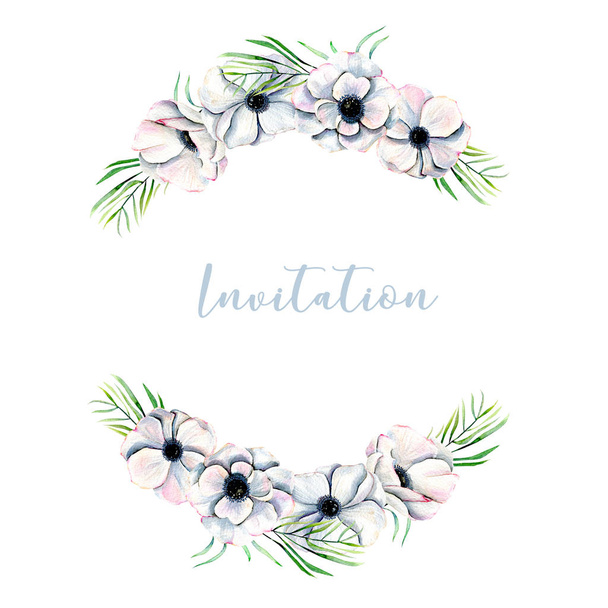 Wreath,  frame border with watercolor white anemones and green branches - Photo, Image