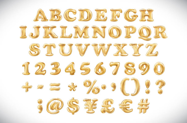 English alphabet and numerals from yellow Golden balloons on a white background. holidays and education - Wektor, obraz