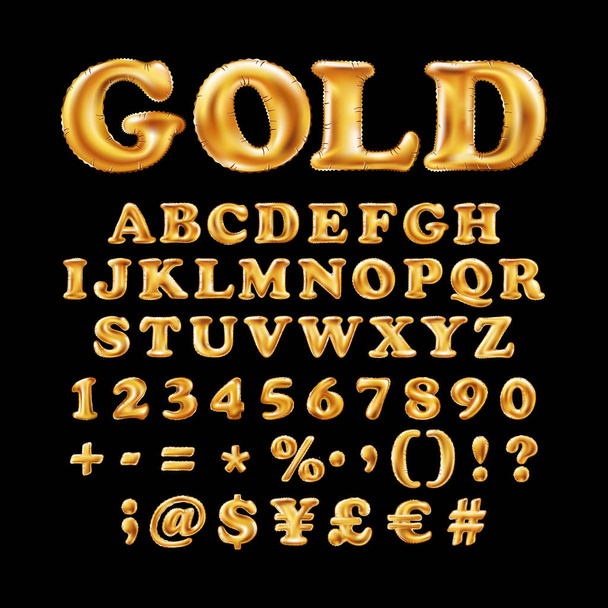 English alphabet and numerals from yellow Gold balloons on a black background. holidays and education - Vettoriali, immagini