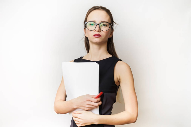 Strong office woman in dress with paper isolated - Photo, image