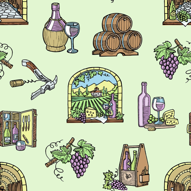 Şarap üretim mahzeni şaraphane bağcılık winey ürün alkol çiftlik üzüm vintage elle çizilmiş vektör çizim Dikişsiz desen arka plan - Vektör, Görsel