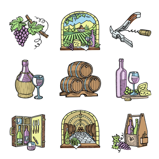 Κρασί παραγωγής Οινοποιείο Κελάρι αμπελουργία Κρασώδες προϊόν εικονογράφηση φορέα σταφυλιών vintage χέρι αλκοόλ αγρόκτημα. - Διάνυσμα, εικόνα