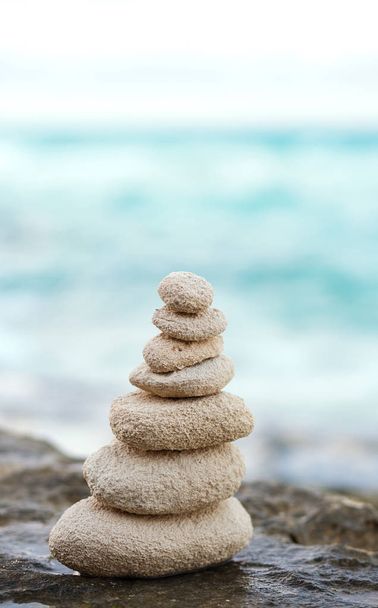 Zen stones, background, ocean for the perfect meditation - Photo, Image