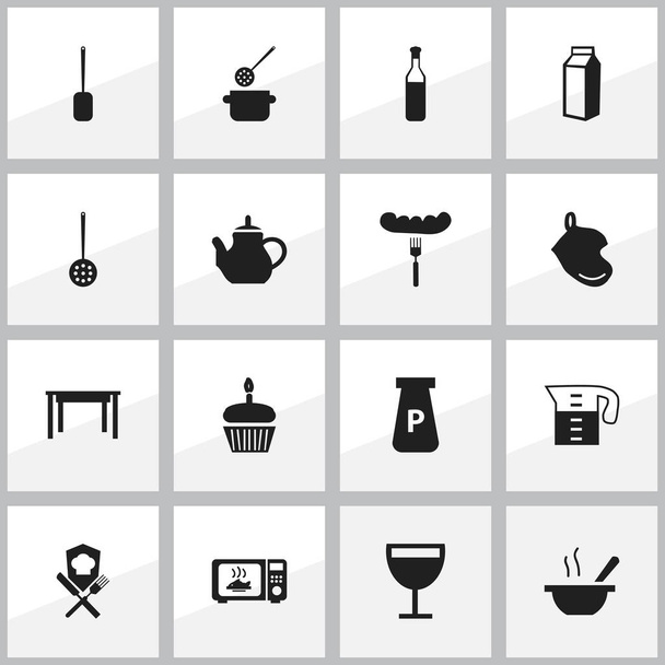Conjunto de 16 ícones de cozinha editáveis. Inclui símbolos como mesa, jarro de água, espátula e muito mais. Pode ser usado para Web, Mobile, UI e design infográfico
. - Vetor, Imagem
