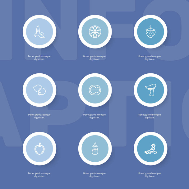 Set di 9 icone da cucina modificabili Outline. Include simboli come piselli, funghi, ribes e altro ancora. Può essere utilizzato per la progettazione web, mobile, UI e infografica
. - Vettoriali, immagini