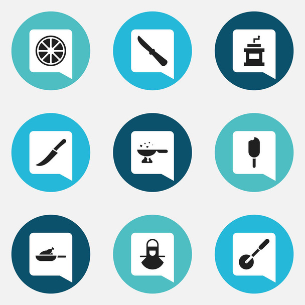 Conjunto de 9 ícones alimentares editáveis. Inclui símbolos como grelha, panela de cozinha, rolo de faca e muito mais. Pode ser usado para Web, Mobile, UI e design infográfico
. - Vetor, Imagem