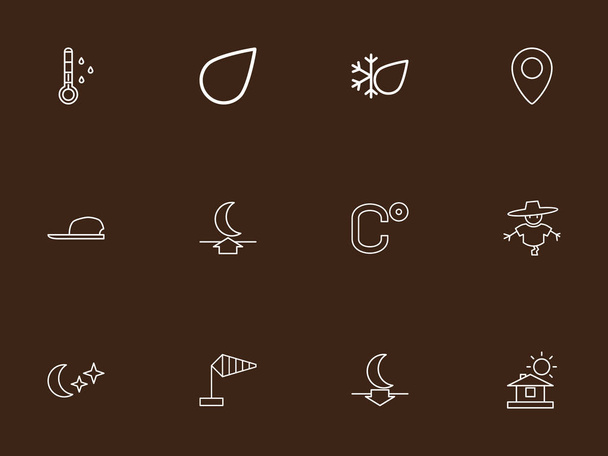 Conjunto de 12 iconos de contorno meteorológico editables. Incluye símbolos como Bugbear, lluvia, sombrero y más. Puede ser utilizado para el diseño de la tela, móvil, interfaz de usuario e infografía
. - Vector, imagen