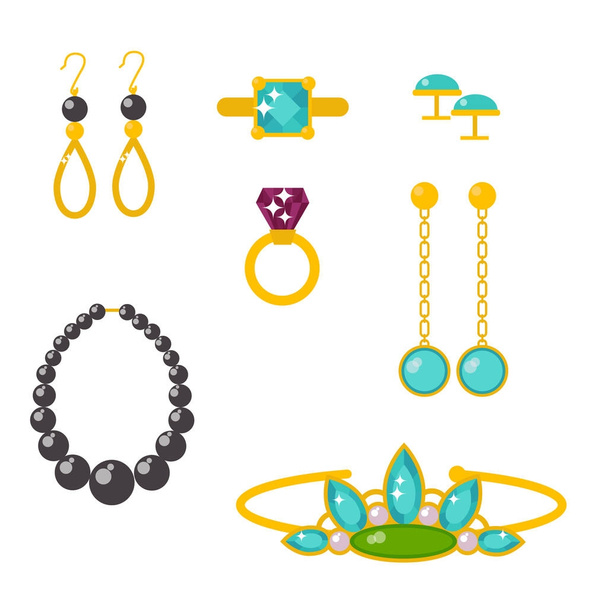 Vector jewelry items gold elegance gemstones precious accessories fashion illustration - Vector, Image