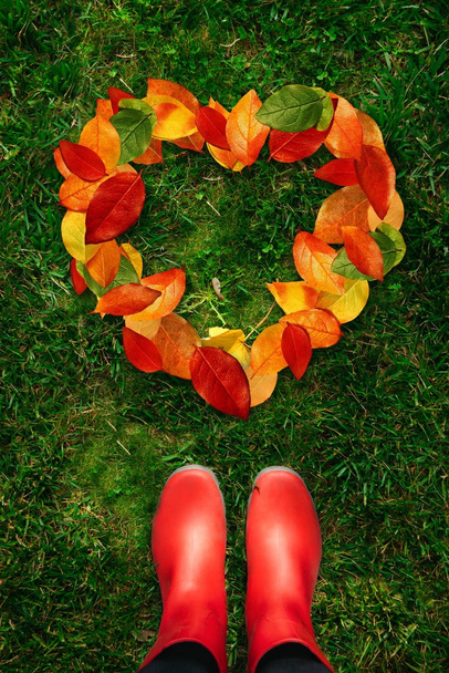 μεγάλη γωνία προβολής της γυναίκας σε κόκκινο καουτσούκ μπότες βλέμμα προς τα κάτω σε σχήματα καρδιών φύλλα του φθινοπώρου στον πράσινο γρασίδι - Φωτογραφία, εικόνα