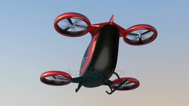 Drone rojo metálico de pasajeros autónomos volando en el cielo
 - Imágenes, Vídeo