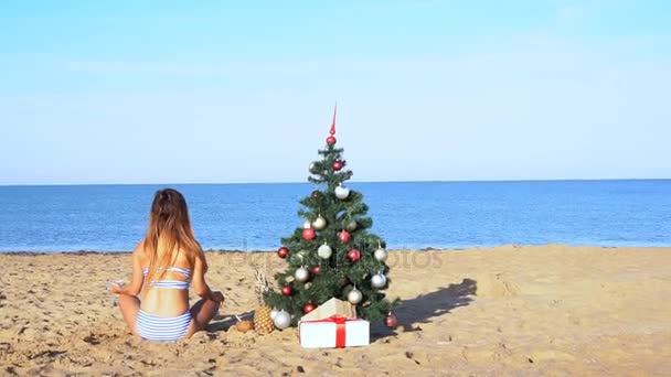 κορίτσι στο θέρετρο στο νέο έτος με ένα χριστουγεννιάτικο δέντρο, πάνω στη θάλασσα - Πλάνα, βίντεο