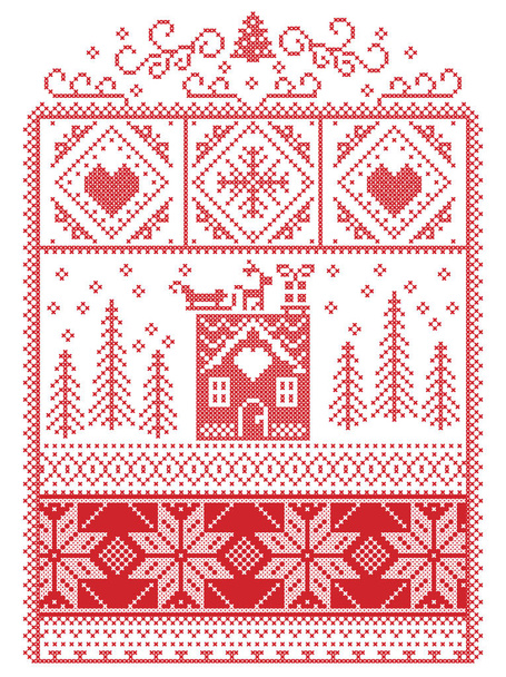 Elegant Christmas Scandinavian, Nordic style winter stitching, pattern including snowflake, heart, reindeer, sleigh, gingerbread house, Christmas tree, gift, snow in red, white in decorative frame  - Vector, Image