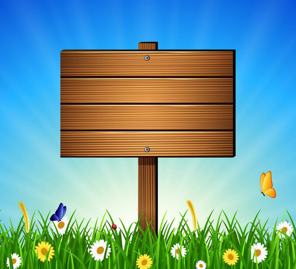 Nature background with green grass, flower and wooden sign - Vector, Image